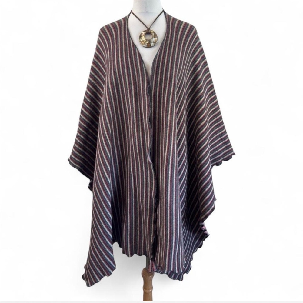 Italian wool colorful striped poncho with ruffle hem fall